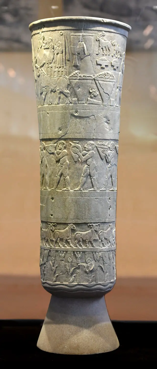 Devotional scene to Inanna, Warka Vase, c. 3200–3000 BC, Uruk. This is one of the earliest surviving works of narrative relief sculpture.