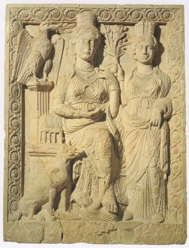 Hellenized bas-relief sculpture of Ishtar standing with her servant from Palmyra (third century AD)