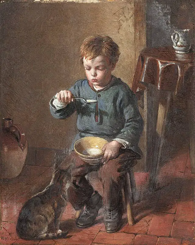 A portrait by William Hemsley - a boy having porridge