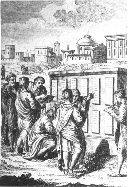 A portrait of Roman civilians checking the Twelve Tables