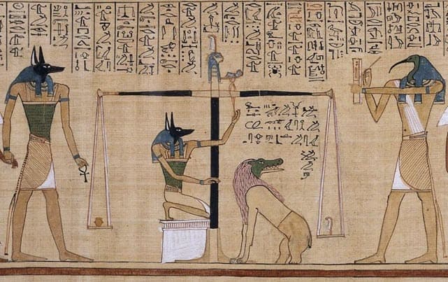 A painting of a detailed scene from the book of the dead