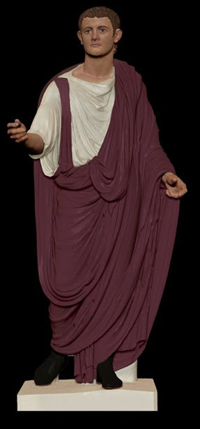 A statue with Ancient Roman purple coloured Toga