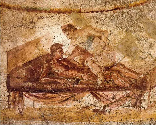 A painting depicting ancient Roman prostitute with men