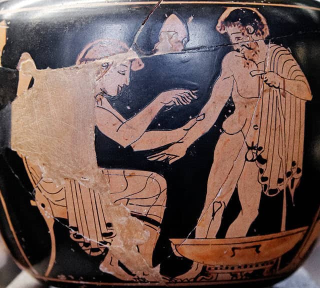 A portrait depicting a physician treating a patient in ancient Greece