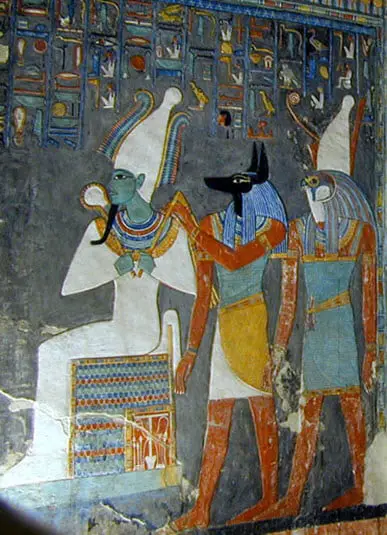 A portrait of Ancient Egyptian deities Osiris, Anubis, and Horus 