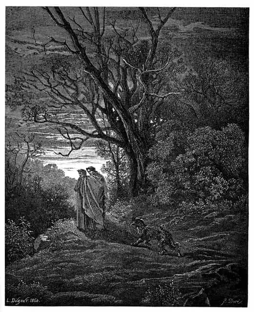 An illustration of Dante and Virgil leaving the dark wood
