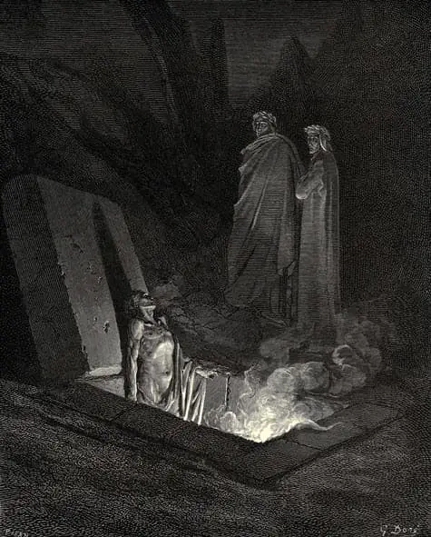 Dore's illustration of Dante and Virgil before Farinata