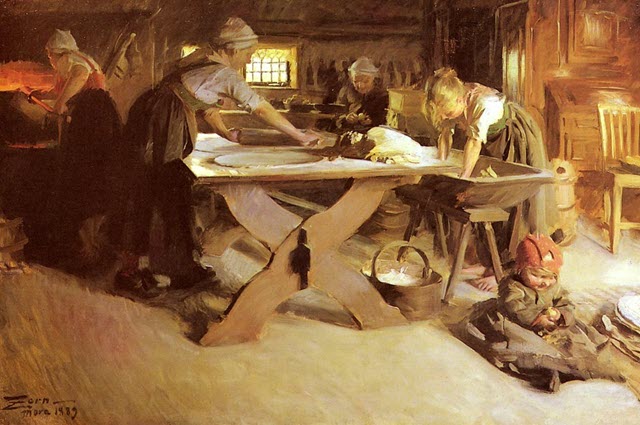 This painting shows women busy in baking bread