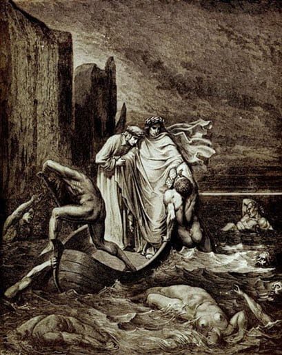 Virgil pushes Filippo Argenti back into the River Styx by Dore