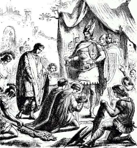 A black and white depiction of Romulus handing over his crown