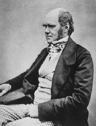 A black and white photo of a British scientist Charles Darwin