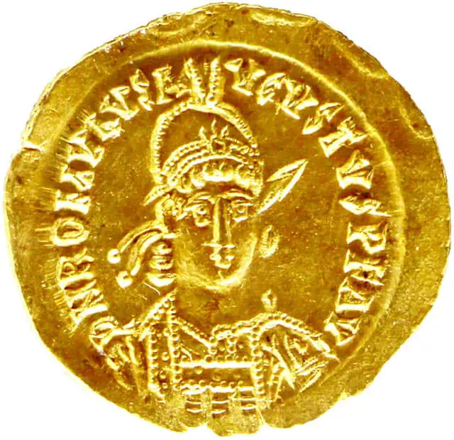 A coin of Roman Emperor Romulus Augustulus