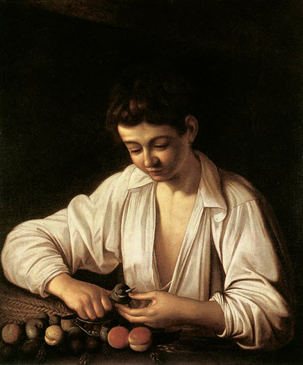 A famous painting by Caravaggio- a boy peeling fruit 