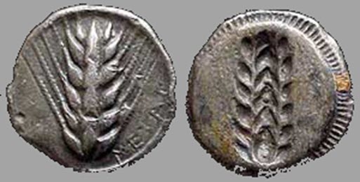 A depiction of barley in the coin of Ancient Greece