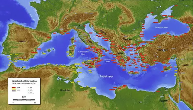 A map depicting the Greek colonies during 6th and 7th Centuries