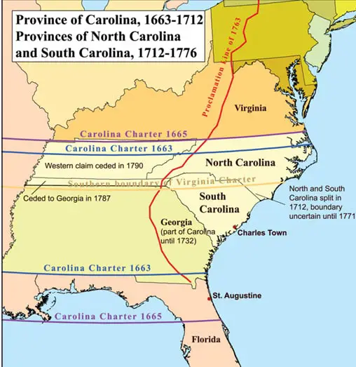 A map of Province of  Carolina  before splitting into North and South