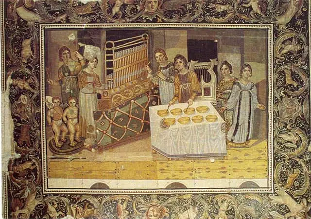 A portrait depicting women of Ancient Greek preparing food