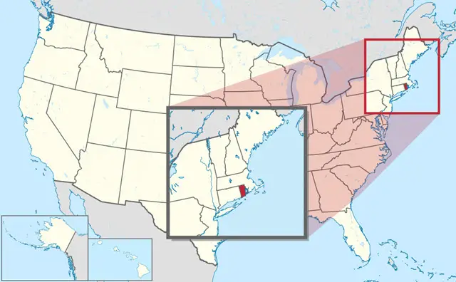 The Colony of Rhode Island in the highlighted section of the map