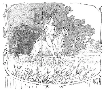 A depiction of Víðarr on horseback by Lorenz Frølich
