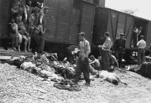Bodies being pulled out of a train carrying Romanian Jews, July 1941
