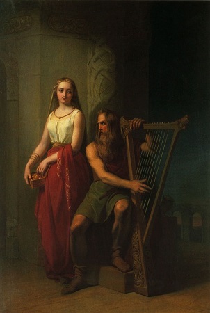 Bragi with a harp and accompanied by his wife by Nils Blommér