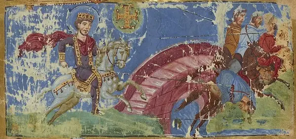 Constantine's vision and the Battle of the Milvian Bridge in a 9th-century Byzantine manuscript.