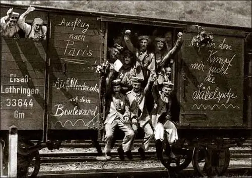 German soldiers on a freight train with the phrase "Trip to Paris." 