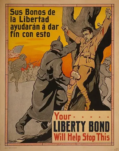 Poster: German soldiers nailing a man, as American soldiers come to his rescue, 1917