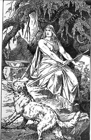 Hel with her hound Garmr by Johannes Gehrts
