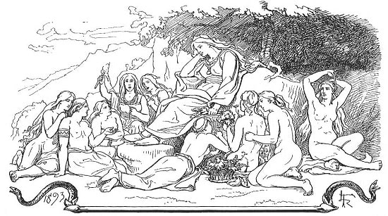 Menglöð sits with the nine maidens, including Eir by Lorenz Frølich