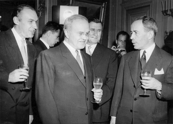 Molotov with French Foreign Minister Antoine Pinay at the Geneva Summit of 1955