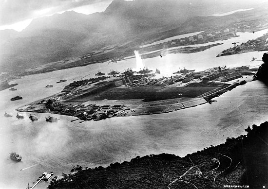 Photo of Battleship taken from a Japanese plane at the beginning of the attack
