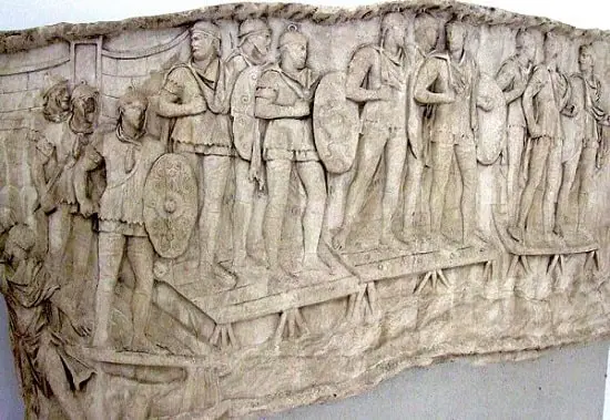 Roman auxiliary infantry, probably the Danube, on a pontoon bridge during the emperor Trajan's Dacian Wars (AD 101–106)