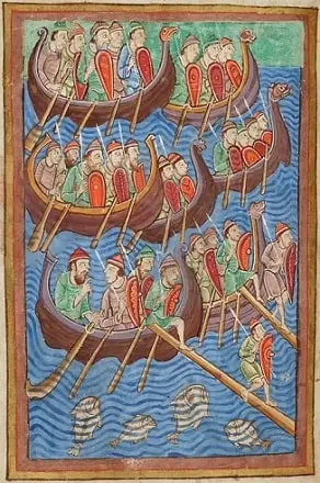 Sea-faring Norsemen depicted invading England