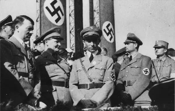 Foreground, left to right: Führer Adolf Hitler; Hermann Göring; Minister of Propaganda Joseph Goebbels; and Rudolf Hess 