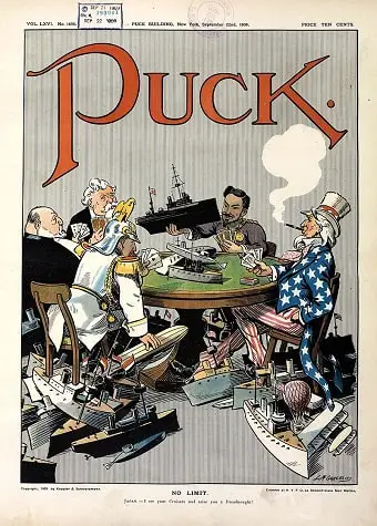 U.S magazine Puck shows 1909 US, Germany, Britain, France, and Japan engaged in "no limit" race game