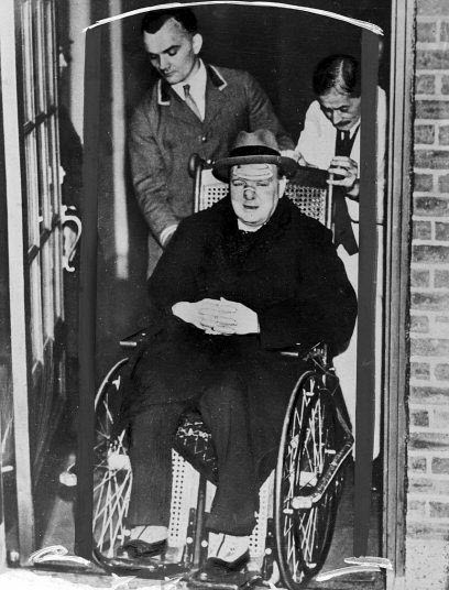 Winston Churchill leaving hospital after treatment