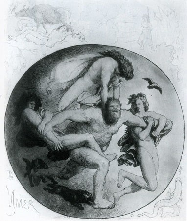 Ymir attacked by the brothers Odin, Vili, and Vé by Lorenz Frølich