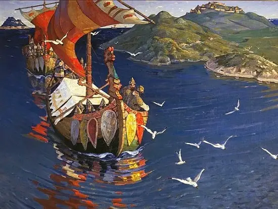 Guests from Overseas by Nicholas Roerich depicts a Viking Raid