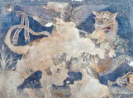 A Hellenistic Greek mosaic depicting the god Dionysos riding on a tiger