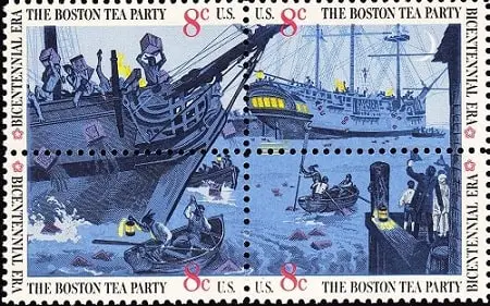 A set of four stamps, together making one scene of the Boston Tea Party
