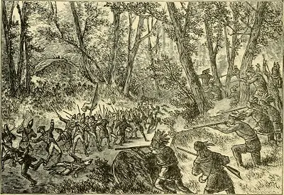 British forces under fire from the French and Indian forces at Monongahela