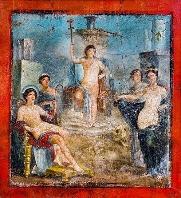Dionysus sitting on a throne, with Helios, Aphrodite and other gods