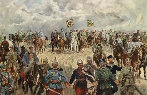 Franz Josef I and Wilhelm II with military commanders during World War 1