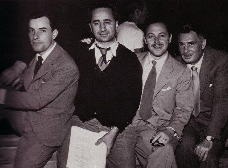 From left to right, Frank Merlo, Elia Kazan, Tennessee Williams, Charles Feldman