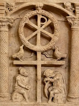 Late Roman sarcophagus with a combined cross and wreathed chi rho
