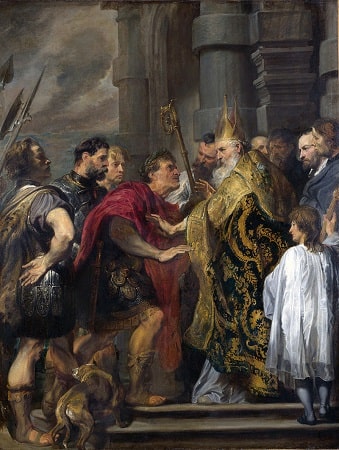 Painting of St Ambrose blocking the cathedral door, refusing Theodosius' admittance