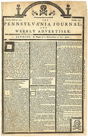 Pennsylvania Journal, with black borders, protesting the stamp act
