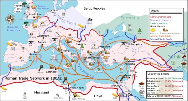 Principal Roman trade routes, internal and external in 180AD
