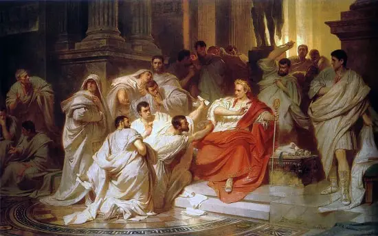The senators encircle Caesar, 19th century interpretation by Carl Theodor von Piloty